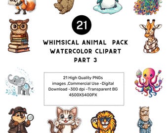 Whimsical Animal Watercolor Clipart: Funny Dogs, Cats, Sloths (PNG Digital Download, Commercial License)