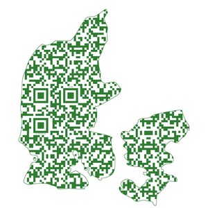 May include: Green pixelated map outlines of Denmark and a smaller island, likely Bornholm, against a white background. The maps are filled with a QR code pattern. The image includes the text "By Danish & Co."