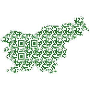 May include: Green pixelated map of Slovenia with three QR codes. The map is outlined in green and filled with a green pixelated pattern. The QR codes are located in the western part of the country.