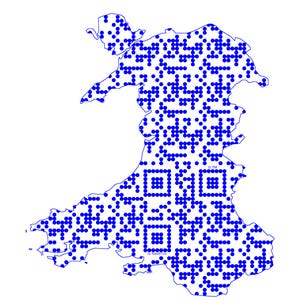 May include: A blue and white graphic of the country of Wales, filled with blue dots and QR code patterns. The outline of Wales is clearly visible, with the blue dots forming a textured design. The image includes the text "by Speed From".