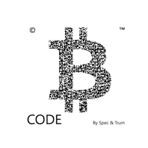 Könnte beinhalten: Ein Schwarzweißbild eines Bitcoin-Symbols, das aus kleinen Quadraten besteht. Das Symbol ist umgeben vom Text "CODE" und "By Spec & Trum".