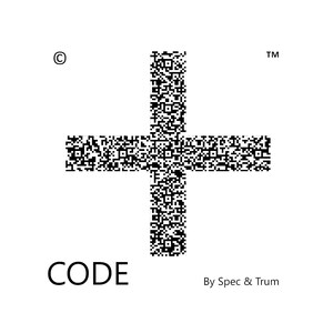 Può includere: Uno sfondo bianco presenta un segno più nero composto da codici QR. La parola "CODE" è sotto il segno più, con "By Spec & Trum" sotto. Sono presenti i simboli di copyright e marchio.