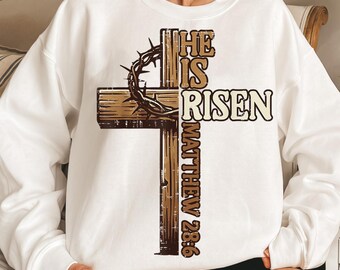 Easter Cross He Is Risen Jesus Christian PNG, Retro Easter Png, Matthew 28:6, Easter Jesus png, Bible Verse Png, Pink Easter Cross Png