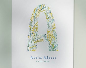 Letter "A" Watercolor Mimosa | Nursery Print | Wildflowers | Personalised name sign Initial