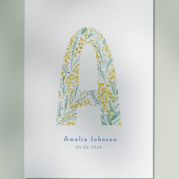 Letter "A" Watercolor Mimosa | Nursery Print | Wildflowers | Personalised name sign Initial