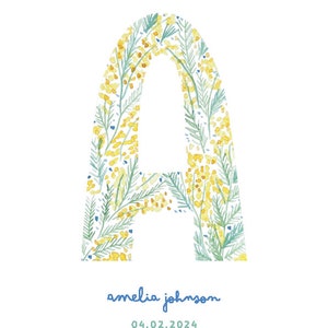 Lettre A aquarelle Mimosa Impression chambre d'enfant Fleurs sauvages Plaque nominative personnalisée Initiale image 4