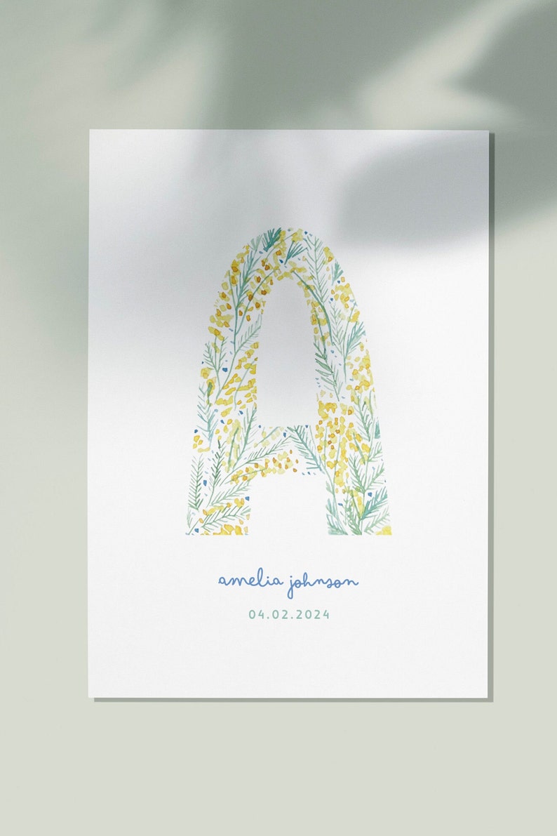 Lettre A aquarelle Mimosa Impression chambre d'enfant Fleurs sauvages Plaque nominative personnalisée Initiale image 3