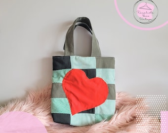 Vintage Upcycled Patchwork Handbag with Red Heart Embellishments - Handmade Recycled Fashion, Unique Patchwork Design, Eco-Friendly Tote