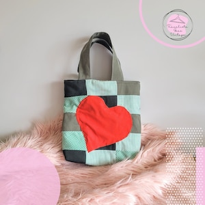 Vintage Upcycled Patchwork Handbag with Red Heart Embellishments - Handmade Recycled Fashion, Unique Patchwork Design, Eco-Friendly Tote