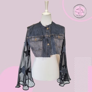 Upcycled Crop Top Denim Jacket with Tulle Sleeves - Sustainable Fashion, Handmade Statement Piece, Recycled Jeans, Unique Design