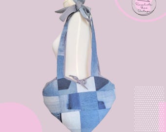 Upcycled Heart Shaped Denim Patchwork Handbag - Handmade Recycled Fashion, Eco-Friendly Tote, Unique Patchwork Design, Sustainable Style