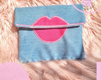 Upcycled Denim Clutch with Pink Lips Accent - Handmade, Recycled Fashion, Eco-Friendly Evening Bag, Unique Gift