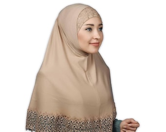 Hijabset met kanten rand: XL moslimhoofddoek en muts