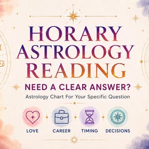 May include: A graphic featuring the text HORARY ASTROLOGY READING, NEED A CLEAR ANSWER?, and Astrology Chart For Your Specific Question. Below are four circular icons labeled LOVE, CAREER, TIMING, and DECISIONS, set against a celestial background.