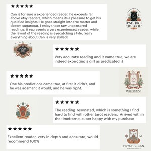 May include: Five-star reviews for a tarot reader named Can. The reviews highlight the reader's accuracy, depth, and ability to provide insightful readings. The reviews also mention the reader's unique style and the positive experience of the customers.