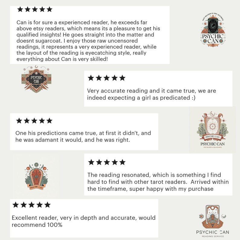 May include: Five-star reviews for a tarot reader named Can. The reviews highlight the reader's accuracy, depth, and ability to provide insightful readings. The reviews also mention the reader's unique style and the positive experience of the customers.