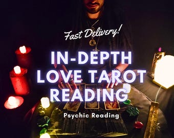 May include: A tarot card reader sits in a dimly lit room with candles and crystals. The text reads "Fast Delivery! In-Depth Love Tarot Reading Psychic Reading".