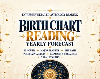 Puede incluir: Un gráfico digital con el texto EXTREMELY DETAILED ASTROLOGY READING, BIRTH CHART READING y YEARLY FORECAST. Debajo aparecen los términos 12 HOUSES, MAJOR TRANSITS, LIFE PATH, PLANETARY ASPECTS, ELEMENTS & MODALITIES y NATAL INSIGHTS.