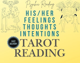Può includere: Uno sfondo giallo con le parole "Psychic Reading" in un carattere corsivo. Il testo "HIS/HER FEELINGS THOUGHTS INTENTIONS TAROT READING" è in grassetto, di colore turchese. Sono presenti anche disegni a tratto di figure e simboli.