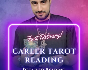 May include: A person holding tarot cards in their hands. The image has a neon pink and purple background with the text "Fast Delivery!" and "CAREER TAROT READING" in white. The text "DETAILED READING" is also in white.