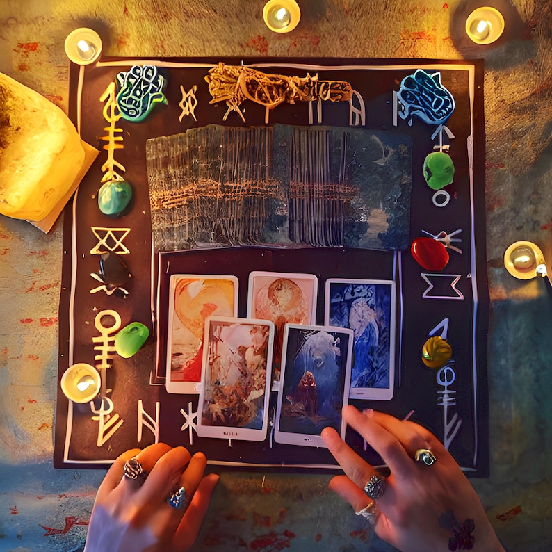 May include: A tarot card reading spread with five cards laid out on a black cloth with a white design. The cards are surrounded by candles and other objects.