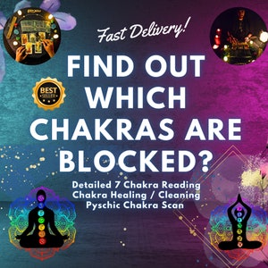 Può includere: Un'immagine colorata con il testo "FIND OUT WHICH CHAKRAS ARE BLOCKED?" e un grafico di una persona seduta in posizione di loto con sette chakra. Il testo "Detailed 7 Chakra Reading Chakra Healing / Cleaning Pyschic Chakra Scan" è incluso anche.