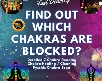 Puede incluir: Una imagen colorida con el texto "FIND OUT WHICH CHAKRAS ARE BLOCKED?" y un gráfico de una persona sentada en posición de loto con siete chakras. El texto "Detailed 7 Chakra Reading Chakra Healing / Cleaning Pyschic Chakra Scan" también está incluido.