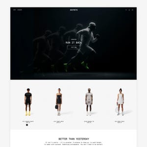 以下が含まれることがあります： 暗い芸術的なデザインのウェブサイトのホームページ。走る人物と「RUN IT BACK」のテキストが表示されています。 下には、4人のモデルがスポーツウェア（ショートパンツ、ドレス、Tシャツ）を展示しています。 ウェブサイトの名前は「AESTHETIC」です。