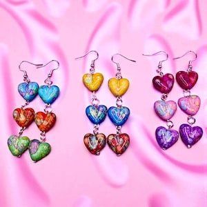 Handmade Marble Heart Resin Earrings: Colorful Dangly Drop Jewelry