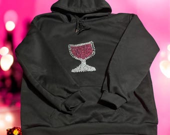 Wijnglas hoodie XL strass bling wijnliefhebber hoodie mousserende rode wijn sweater leuke gezellige hoodie voor dames heren wijn cadeau idee XL