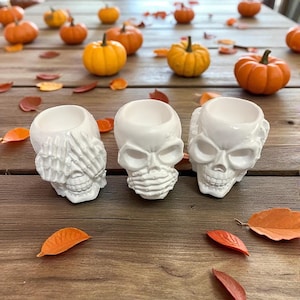 May include: Three white ceramic skull-shaped candle holders. One skull covers its eyes, another its mouth, and the third has an open mouth. The skulls are on a wooden surface with small pumpkins and autumn leaves.