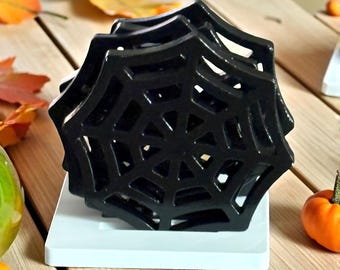 Spooky Spider Web Coasters with Holder: Halloween Gothic Decor