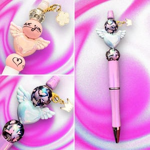 Handcrafted Colourful Black Ballpoint Pens | Unique Beaded Writing Pens | Cute Stationery Gifts for Students & Writers angel wings love