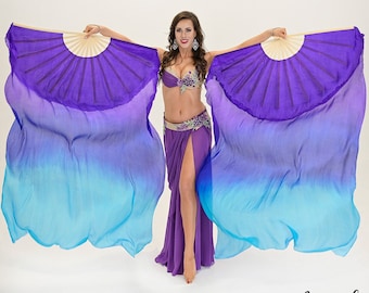 Velos gigantes de abanico 100 % seda rectangulares en tonos agua, violeta, azul, morado y violeta, accesorios para danza del vientre, disfraz de actuación