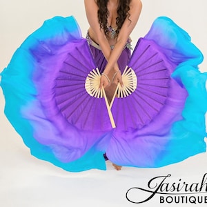Huge Semi Circle 100% Silk Fan Veils Aqua Violeta Purple Blue Bellydance Props Performance