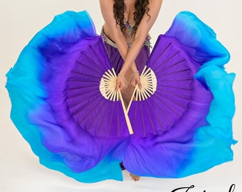 Pair of Huge Semi Circle 100% Silk Fan Veils Aqua Violeta Purple Blue Bellydance Props Performance Costume