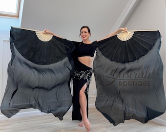 Velos gigantes de seda 100 % rectangulares negros para danza del vientre, accesorios para disfraces