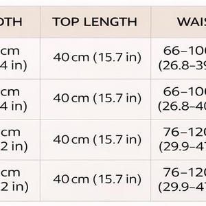 May include: A size chart with measurements in centimeters and inches. The chart includes sizes S/M, S/M Tall, L/XL, and L/XL Tall. Measurements are provided for top width, top length, waist, and pants length.