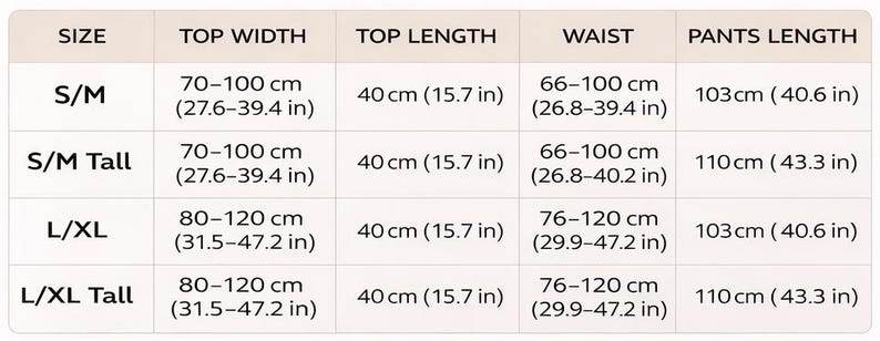 May include: A size chart with measurements in centimeters and inches. The chart includes sizes S/M, S/M Tall, L/XL, and L/XL Tall. Measurements are provided for top width, top length, waist, and pants length.