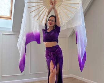 Abanico gigante rectangular de seda 100% blanco y morado para danza del vientre. Accesorios para espectáculos de danza del vientre.