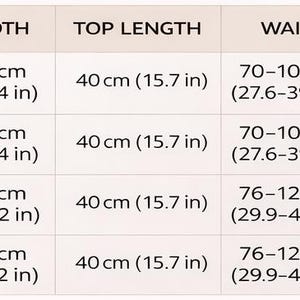 May include: A size chart with measurements for clothing, including top width, top length, waist, and pants length. Sizes range from S/M to L/XL Tall. Measurements are provided in both centimeters and inches.
