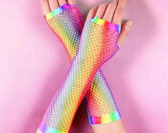 Rainbow Gradient Fishnet Gloes | Pride Gloves | LGBTQ Long Gloves | LGBT Arm Warmers | Rainbow Accessories | Pride Month Accessories