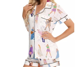 Women&#39;s and Teen Imitation Silk Pajama Short Set With Cute Trendy All Over Print READY to SHIP