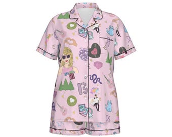 Women and Teens Imitation Silk Pajama Set With Short Sleeve and Cute Trendy All Over Print Ready to Ship