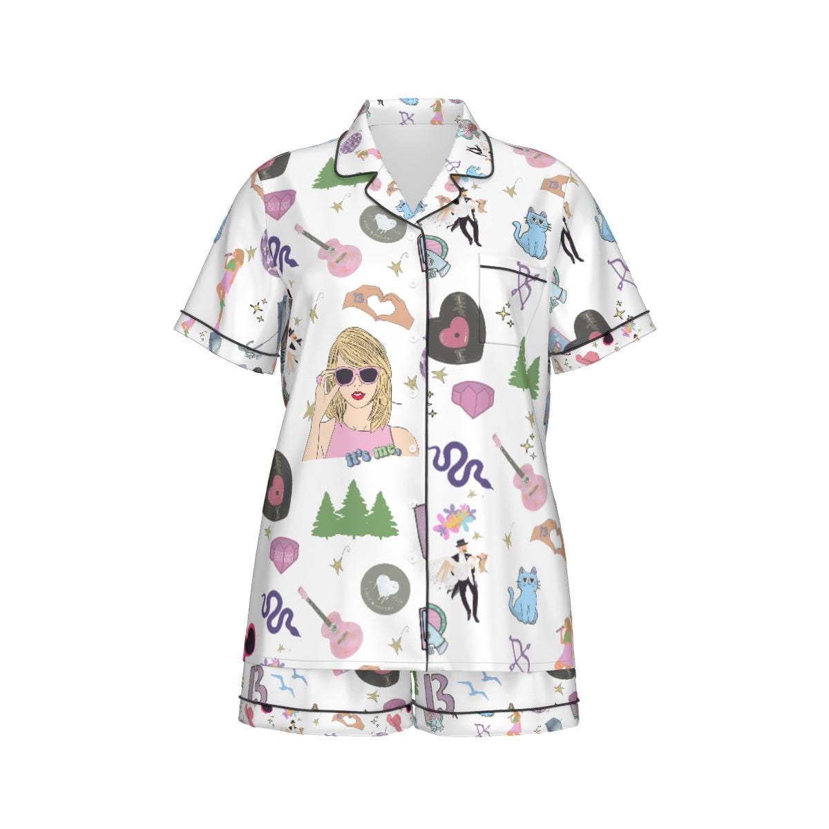 Women's & Teen Imitation Silk Pajama Set With Short Sleeves and Cute Trendy All-Over Print Ready to Ship!