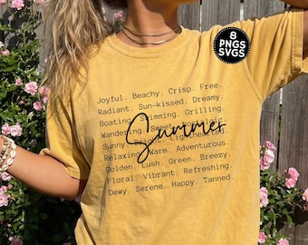 May include: A mustard yellow short-sleeve t-shirt featuring black text that reads: Joyful. Beachy. Crisp. Free. Radiant. Sun-kissed. Dreamy. Boating. Swimming. Grilling. Wandering. Sweet. Nostalgic. Sunny. Bright. Lighthearted. Relaxing. Warm. Adventurous. Golden. Lush. Green. Breezy. Floral. Vibrant. Refreshing. Dewy. Serene. Happy. Tanned. with the word Summer written in a cursive script.