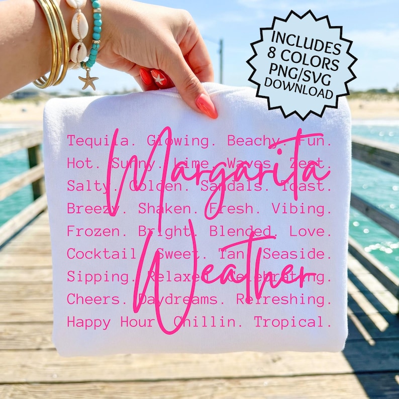 May include: A white beach towel with the words "Margarita Weather" in bright pink script. The towel also features a list of related words like "Sunny," "Salty," and "Cheers." A digital download is included.