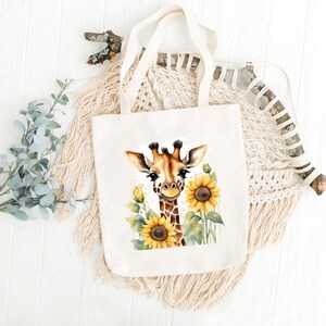 May include: A white tote bag featuring a watercolour illustration of a giraffe with sunflowers. The giraffe is brown and yellow with a white face and black eyes. The sunflowers are yellow with brown centres.