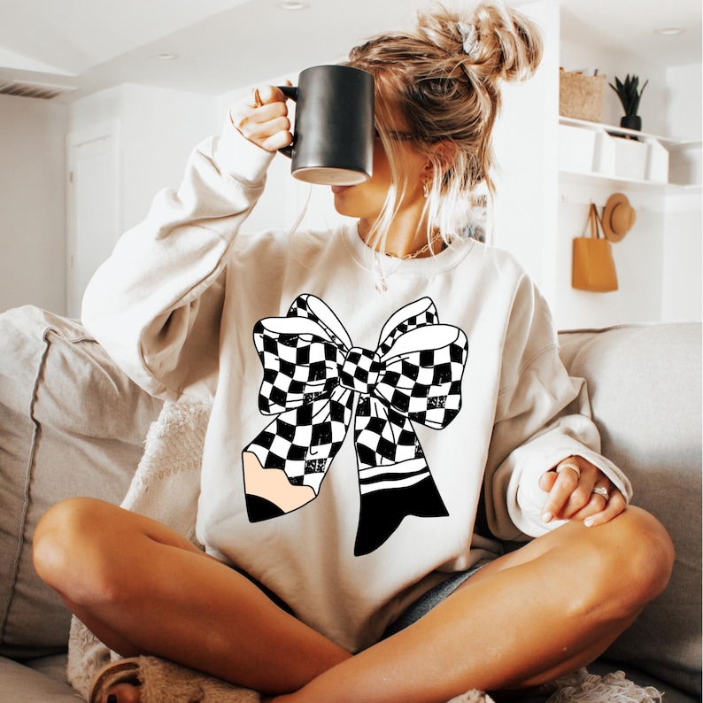 Checkered Pencil Coquette Bow png, Retro Teacher png, Teacher bow png, Gift for Teacher, Trendy Teacher png sublimation, Bow Teacher Shirt image 3