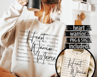 Scritta "Heart Warrior Mama" in formato PNG e SVG, per la sensibilizzazione sulle malattie cardiache tramite sublimazione, design per maglietta di supporto per chi combatte contro la cardiopatia congenita (download digitale).
